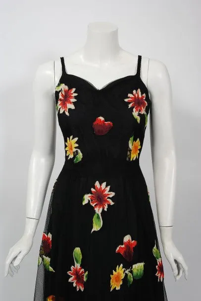 1930's Rainbow Floral Applique Silk & Sheer Net-Tulle Puff Sleeve Gown Ensemble