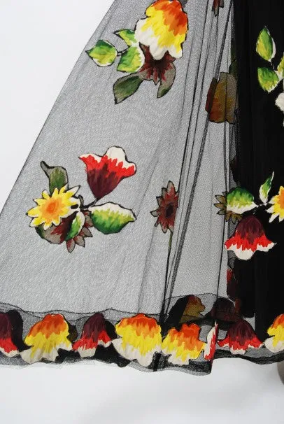 1930's Rainbow Floral Applique Silk & Sheer Net-Tulle Puff Sleeve Gown Ensemble