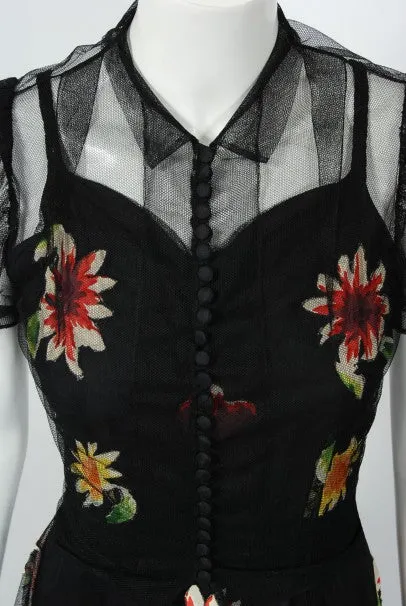 1930's Rainbow Floral Applique Silk & Sheer Net-Tulle Puff Sleeve Gown Ensemble