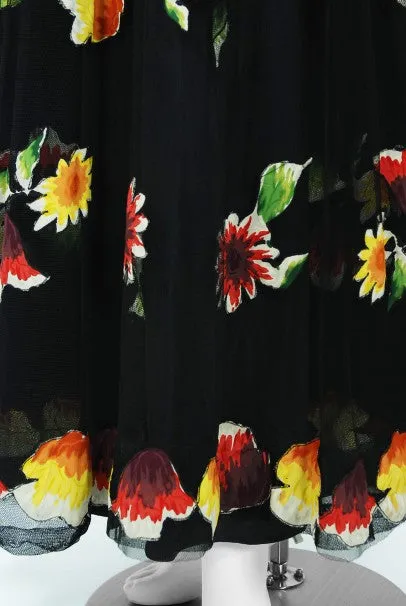 1930's Rainbow Floral Applique Silk & Sheer Net-Tulle Puff Sleeve Gown Ensemble