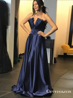 A-Line Sweetheart Sleeveless Ruched Dark Blue Long Prom Dresses, TYP1637