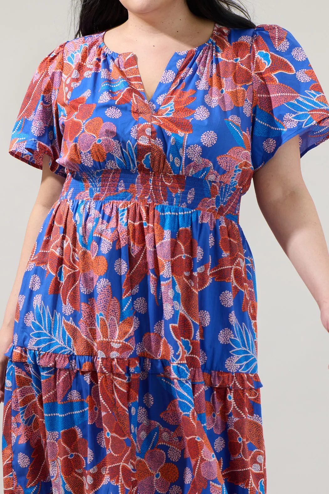 Amazonia Blue Floral Palmer Poplin Tiered Maxi Dress Curve