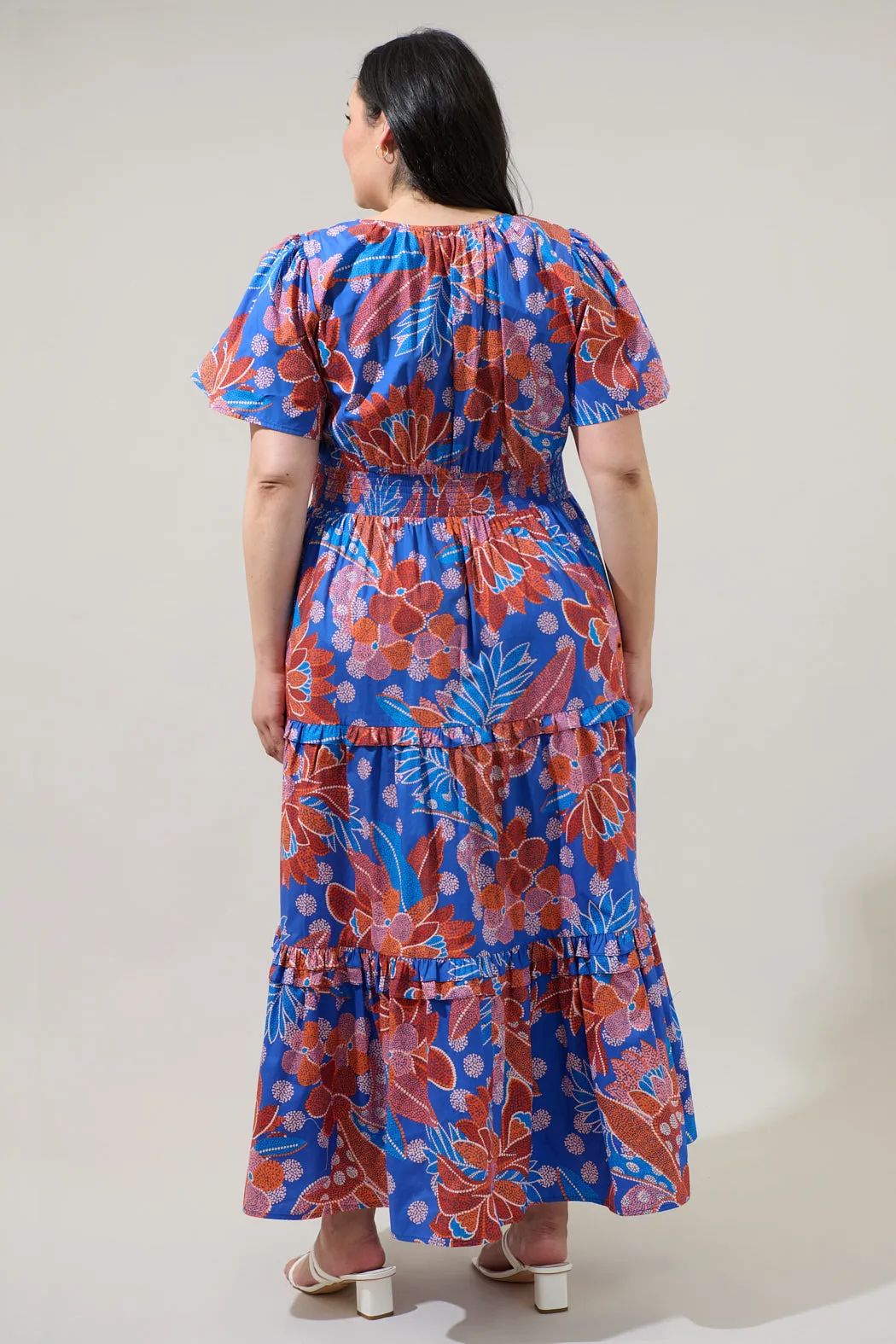 Amazonia Blue Floral Palmer Poplin Tiered Maxi Dress Curve