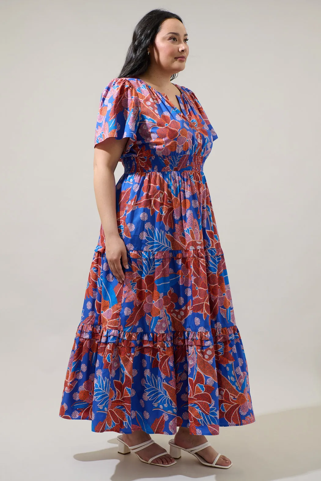 Amazonia Blue Floral Palmer Poplin Tiered Maxi Dress Curve