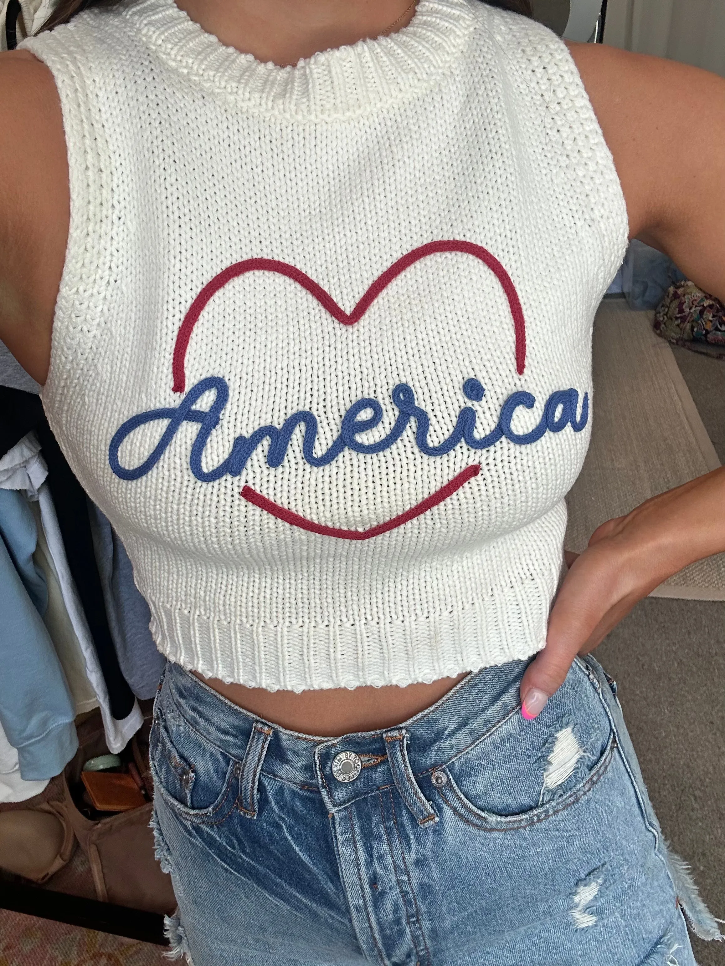America Knit Tank Top-White