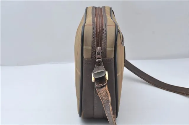 Auth Burberrys Check Shoulder Cross Body Bag Canvas Leather Khaki Green 0227E