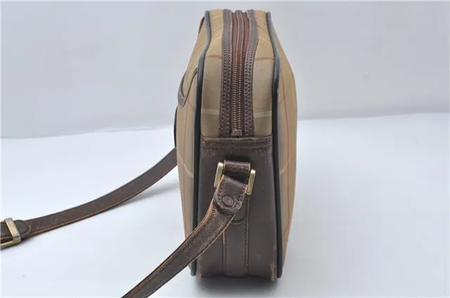 Auth Burberrys Check Shoulder Cross Body Bag Canvas Leather Khaki Green 0227E