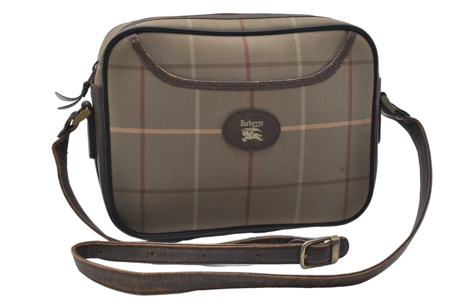 Auth Burberrys Check Shoulder Cross Body Bag Canvas Leather Khaki Green 0227E