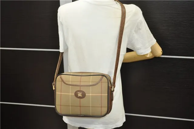 Auth Burberrys Check Shoulder Cross Body Bag Canvas Leather Khaki Green 0227E