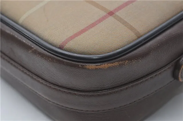 Auth Burberrys Check Shoulder Cross Body Bag Canvas Leather Khaki Green 0227E
