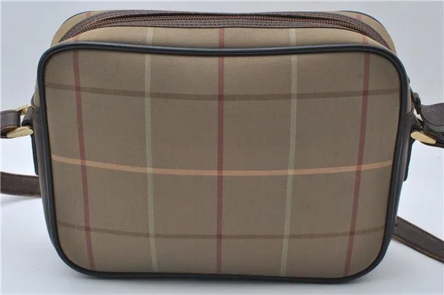 Auth Burberrys Check Shoulder Cross Body Bag Canvas Leather Khaki Green 0227E