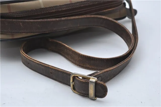 Auth Burberrys Check Shoulder Cross Body Bag Canvas Leather Khaki Green 0227E