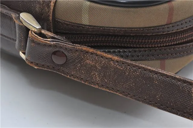Auth Burberrys Check Shoulder Cross Body Bag Canvas Leather Khaki Green 0227E