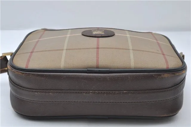 Auth Burberrys Check Shoulder Cross Body Bag Canvas Leather Khaki Green 0227E