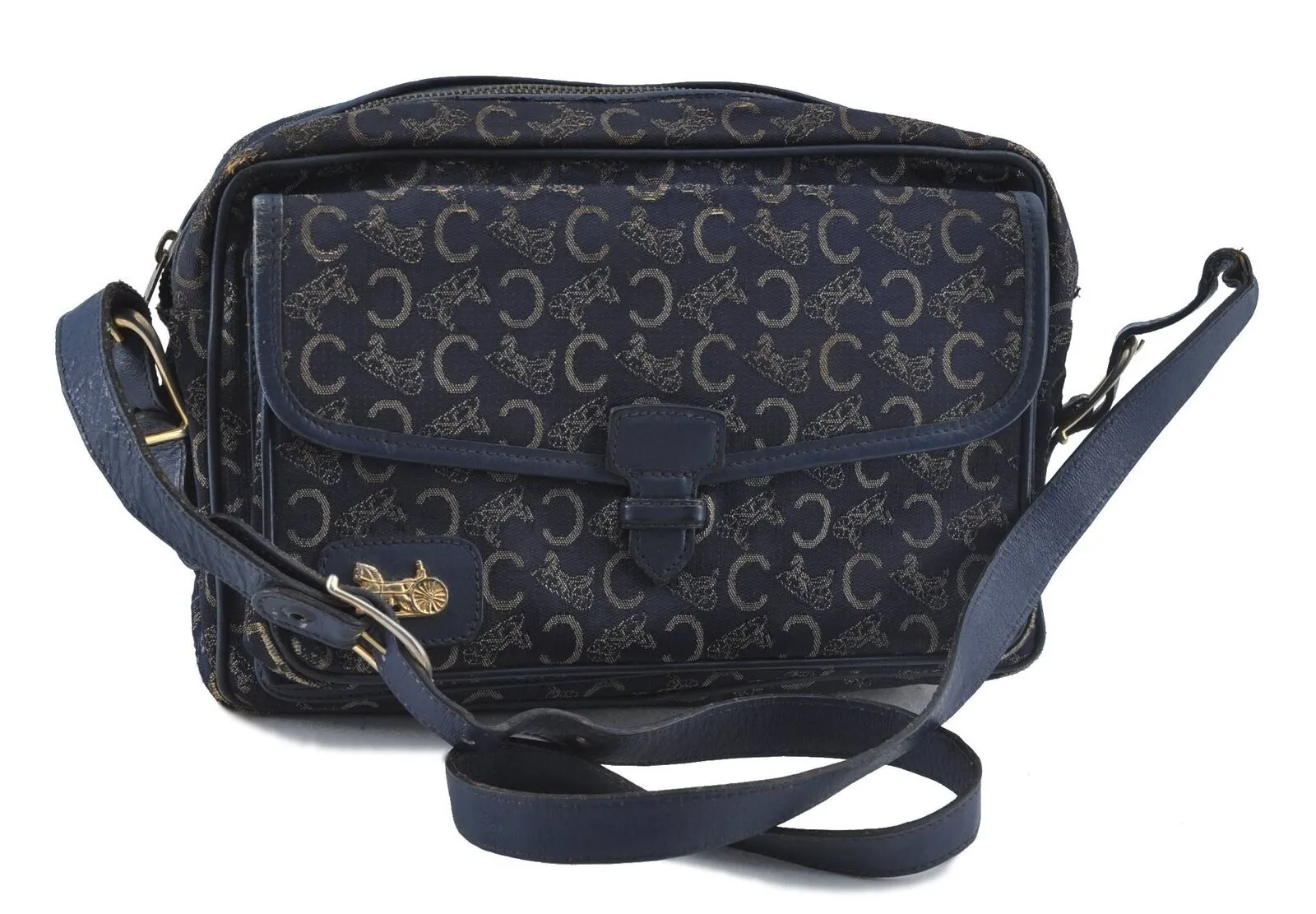 Auth CELINE C Blason Pattern Shoulder Cross Body Bag Canvas Leather Blue H3874