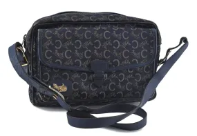 Auth CELINE C Blason Pattern Shoulder Cross Body Bag Canvas Leather Blue H3874