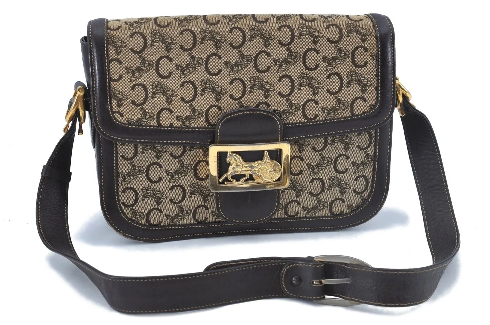 Auth CELINE C Sulky Pattern Shoulder Cross Body Bag Canvas Leather Brown G2668