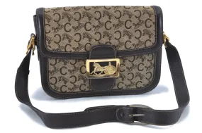 Auth CELINE C Sulky Pattern Shoulder Cross Body Bag Canvas Leather Brown G2668