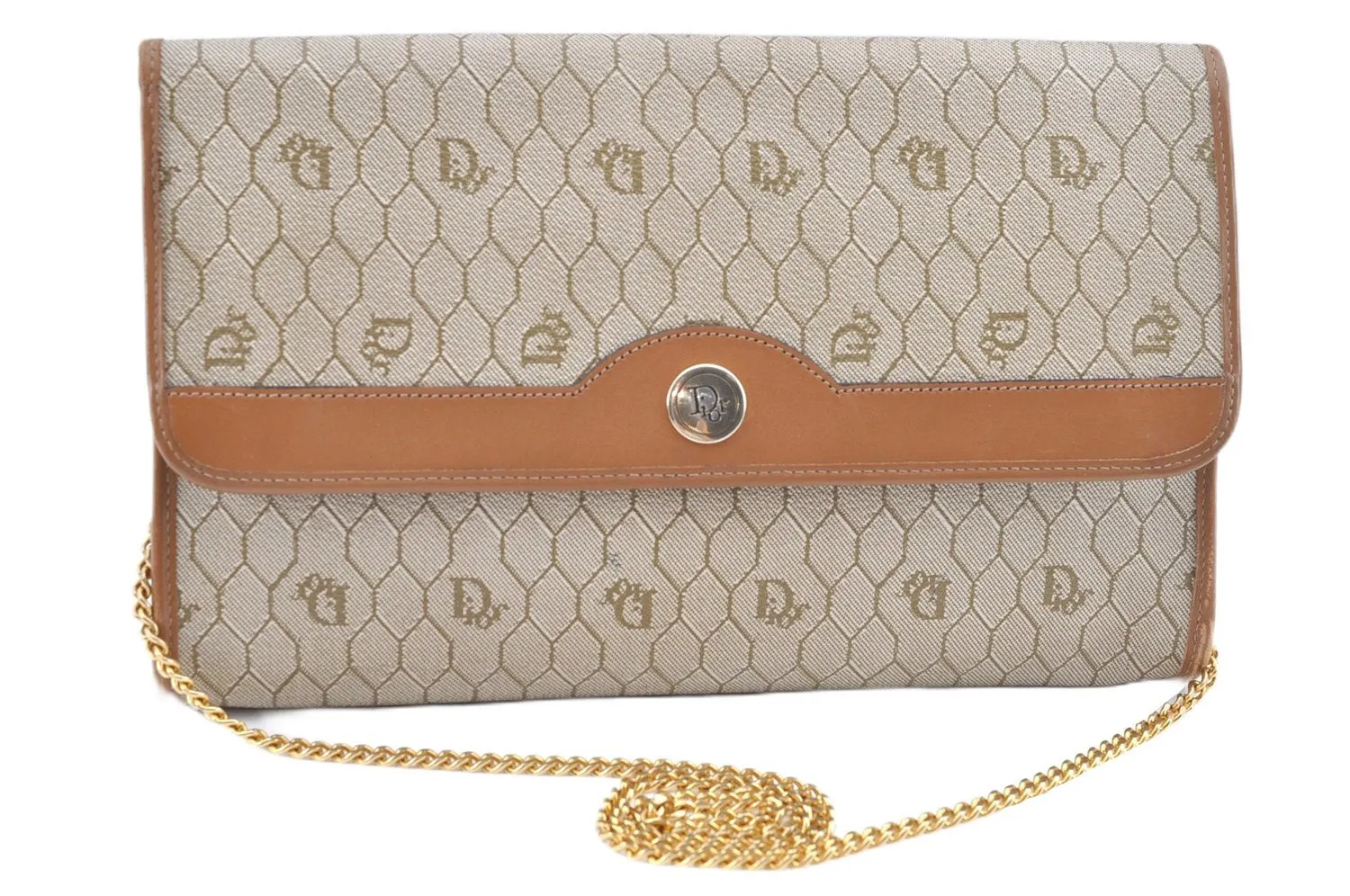 Auth Christian Dior Honeycomb Chain Shoulder Cross Bag PVC Leather Beige J2920