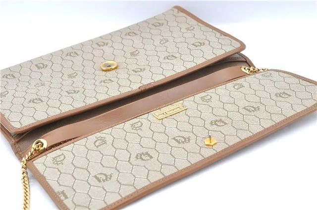 Auth Christian Dior Honeycomb Chain Shoulder Cross Bag PVC Leather Beige J2920