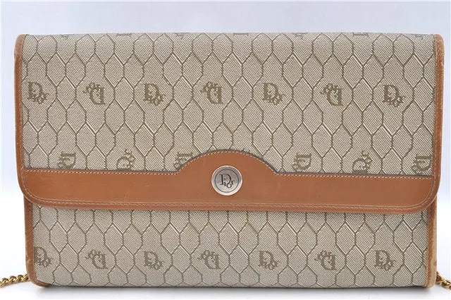 Auth Christian Dior Honeycomb Shoulder Cross Bag Chain PVC Leather Beige J2688
