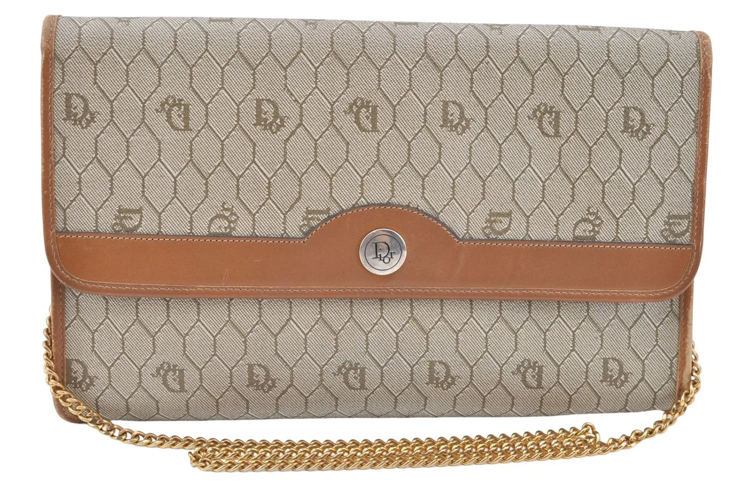 Auth Christian Dior Honeycomb Shoulder Cross Bag Chain PVC Leather Beige J2688