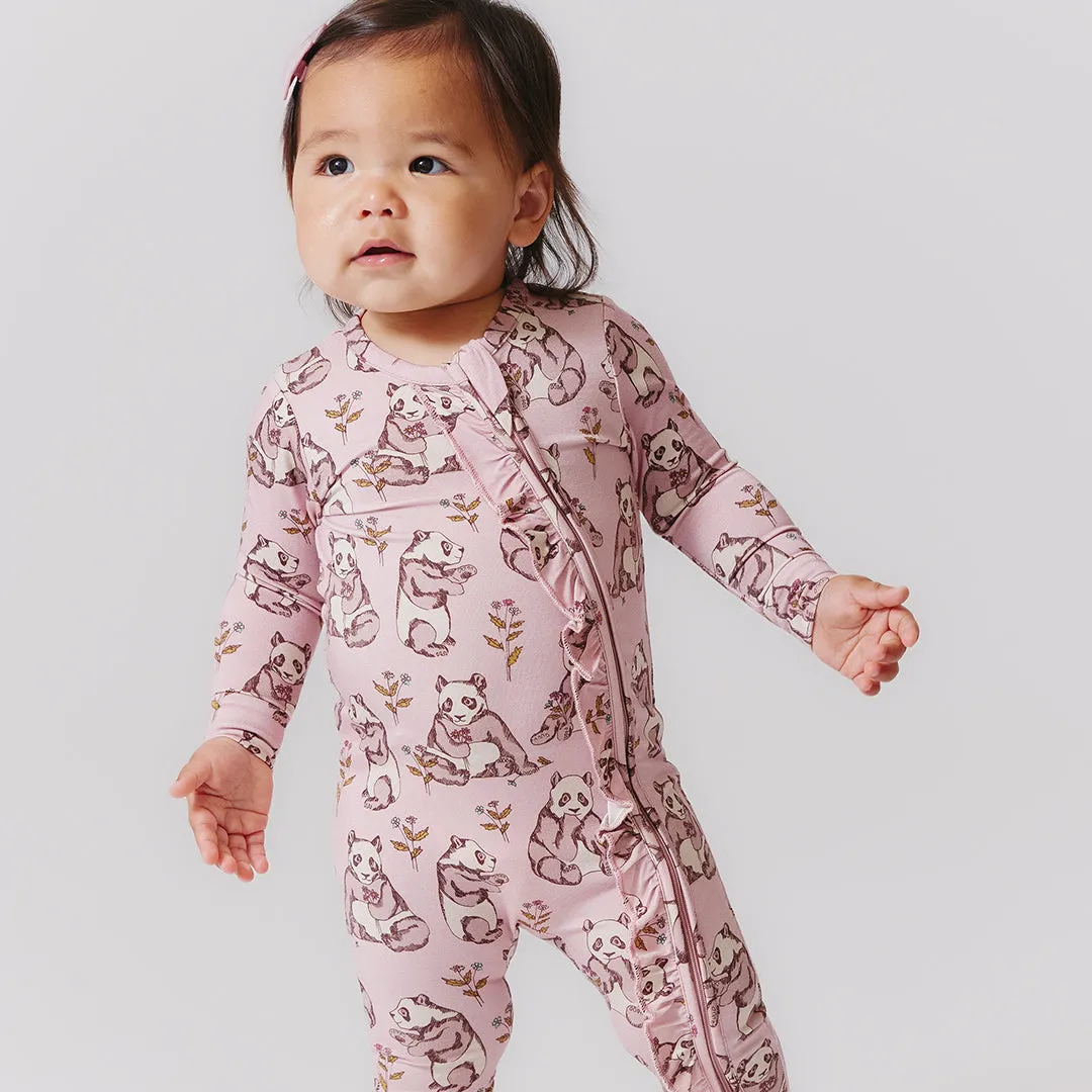 Baby Girls Ruffle Bamboo Romper - Pandas