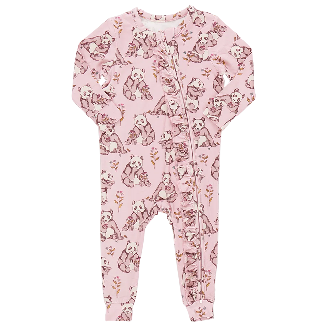 Baby Girls Ruffle Bamboo Romper - Pandas