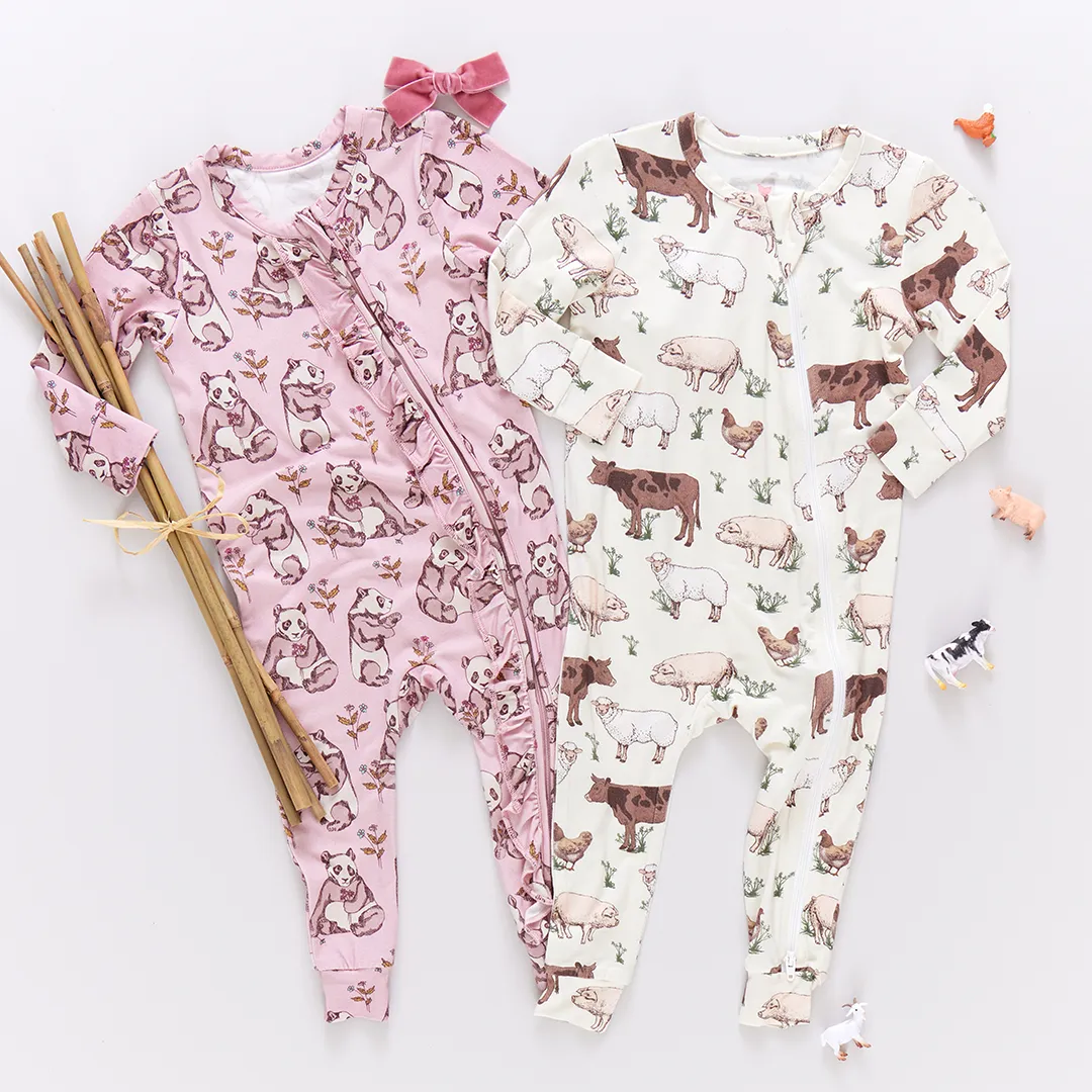 Baby Girls Ruffle Bamboo Romper - Pandas