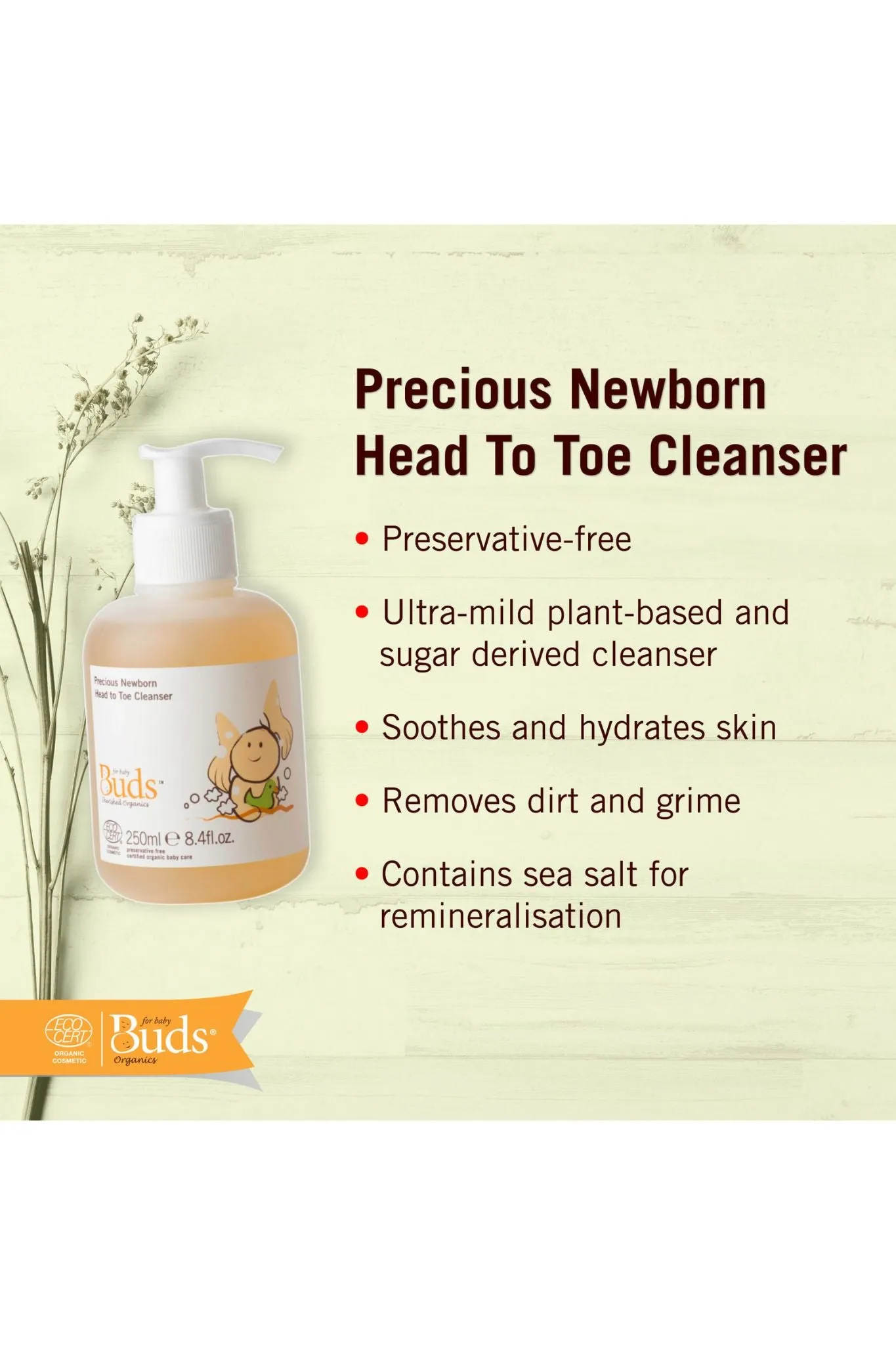 Buds Cherished Organics Precious Newborn Head to Toe Cleanser 250ml