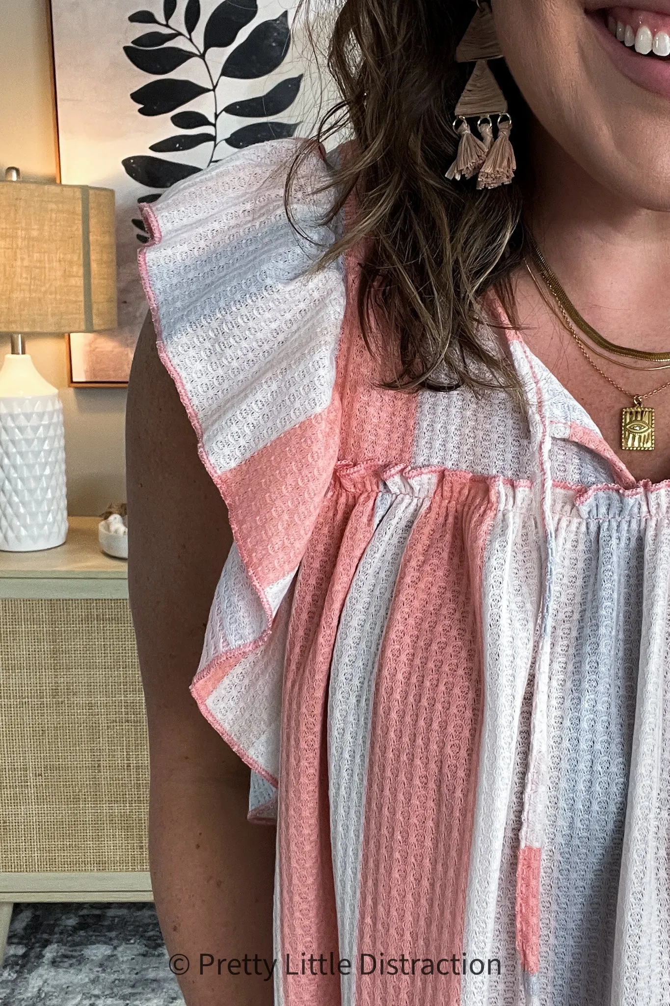 Coral & Light Blue Stripe Waffle Tie Neck Top