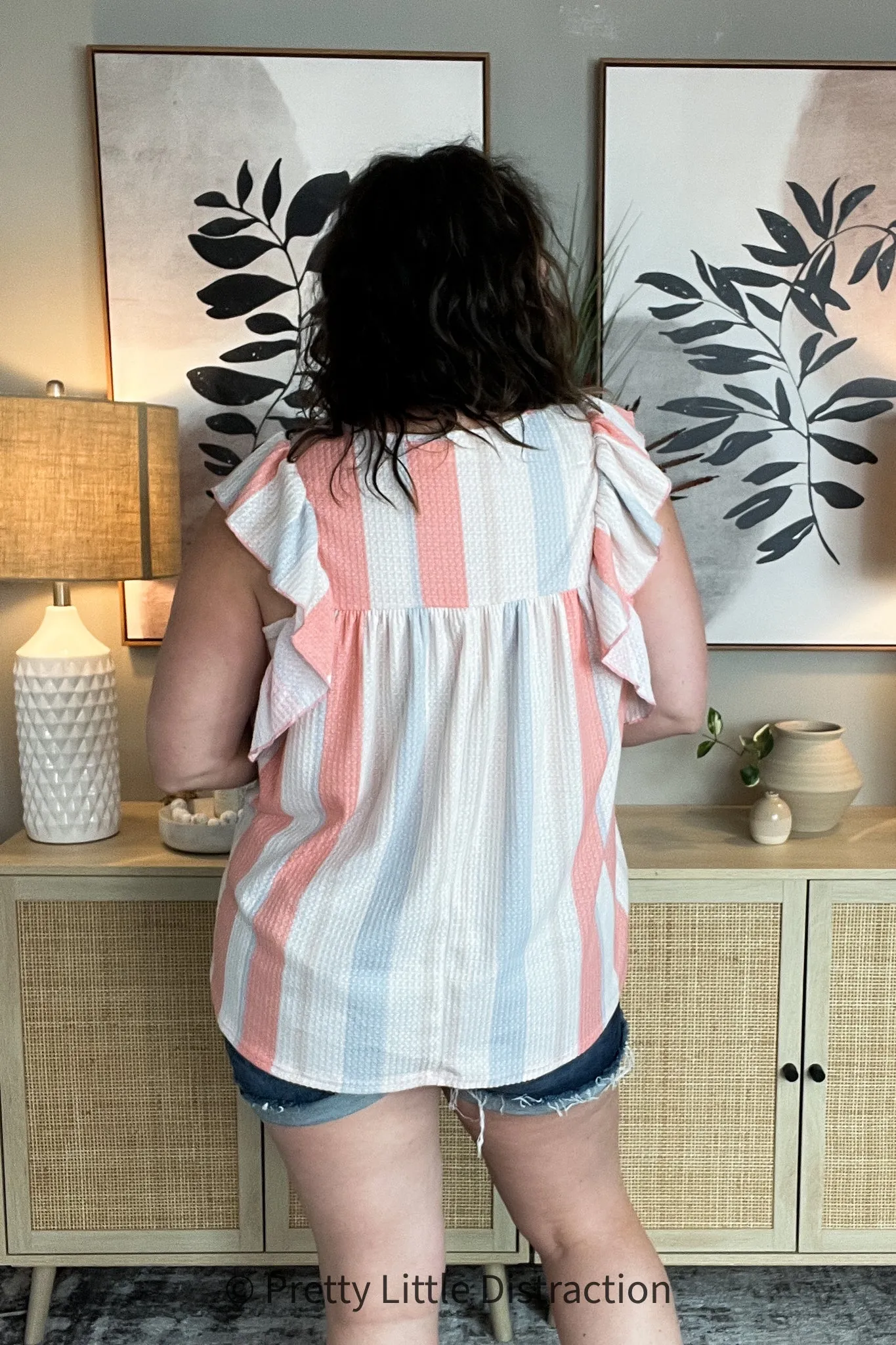 Coral & Light Blue Stripe Waffle Tie Neck Top