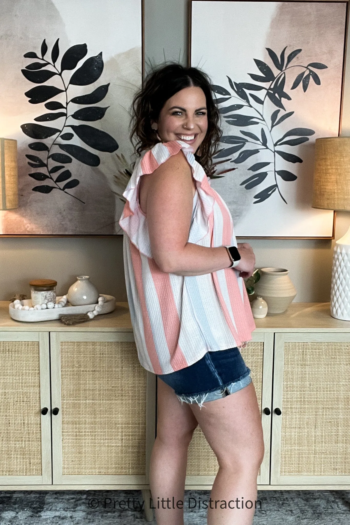 Coral & Light Blue Stripe Waffle Tie Neck Top