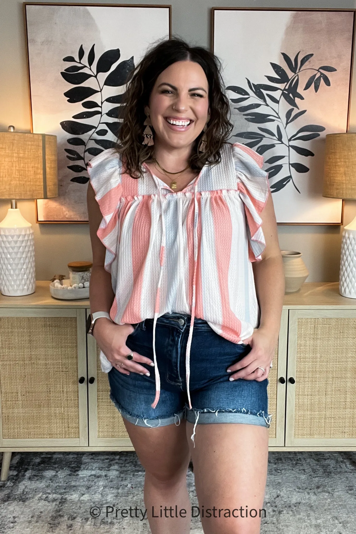 Coral & Light Blue Stripe Waffle Tie Neck Top