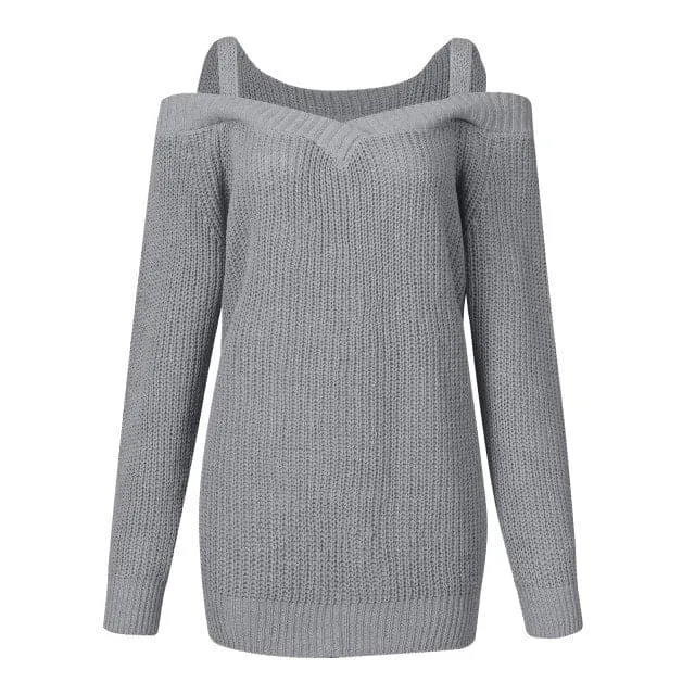 DressBetty - Womens Long Sleeve Cold Shoulder Sweaters Halter Neck Backless Loose Sweater Top Ropa Mujer Invierno