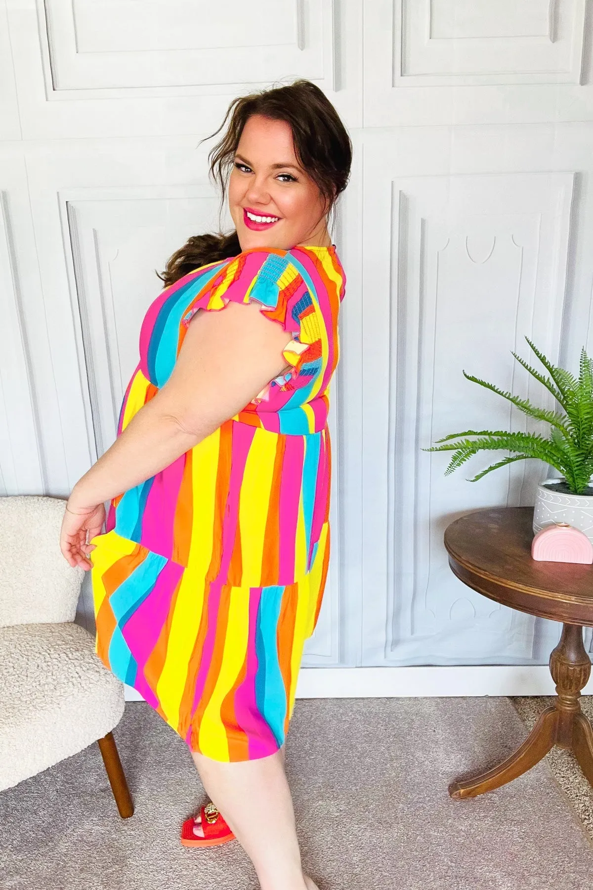 Eyes On You Multicolor Abstract Print Smocked Ruffle Sleeve Dress (Open Pack)