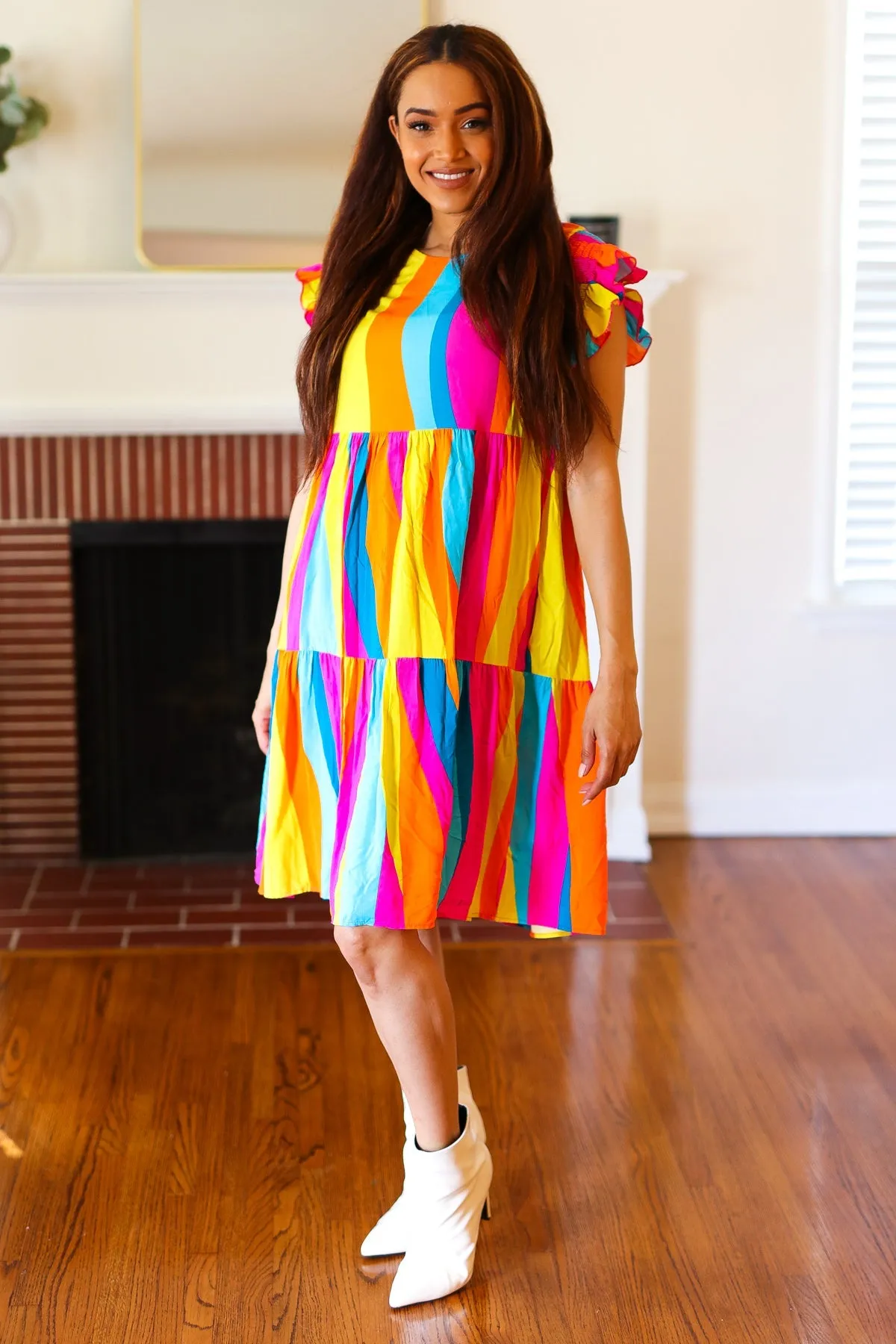 Eyes On You Multicolor Abstract Print Smocked Ruffle Sleeve Dress (Open Pack)
