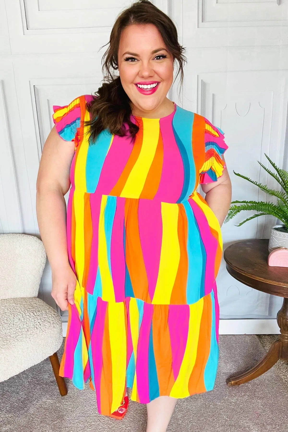 Eyes On You Multicolor Abstract Print Smocked Ruffle Sleeve Dress (Open Pack)