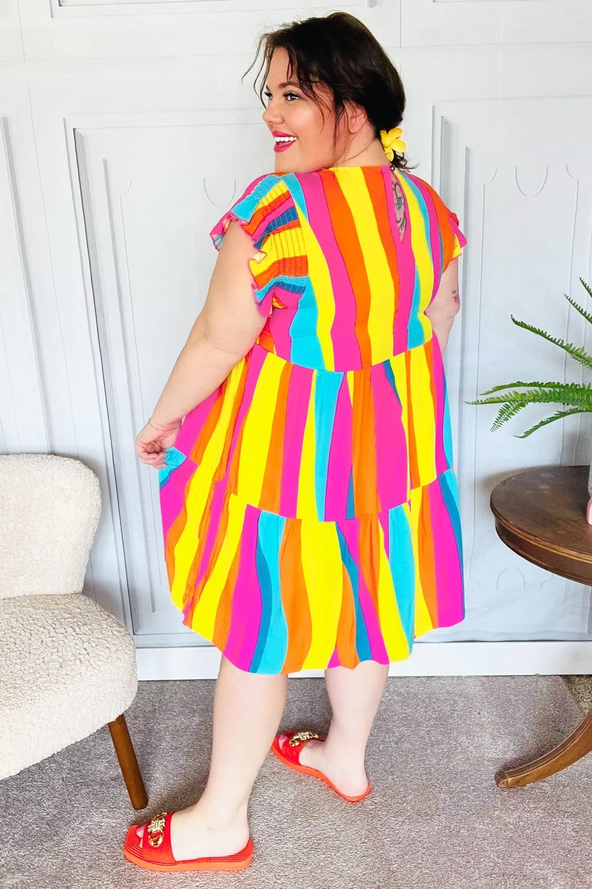 Eyes On You Multicolor Abstract Print Smocked Ruffle Sleeve Dress (Open Pack)