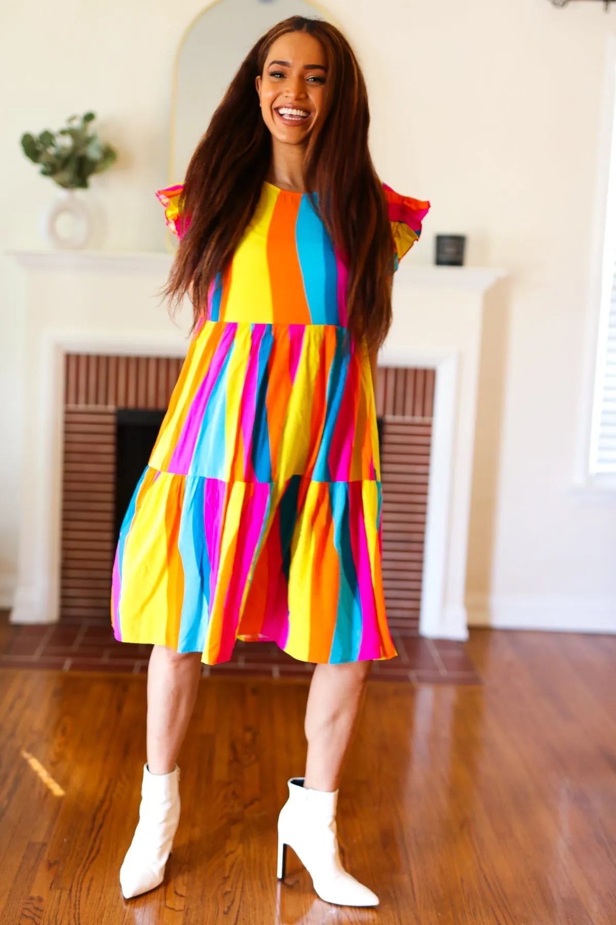 Eyes On You Multicolor Abstract Print Smocked Ruffle Sleeve Dress (Open Pack)