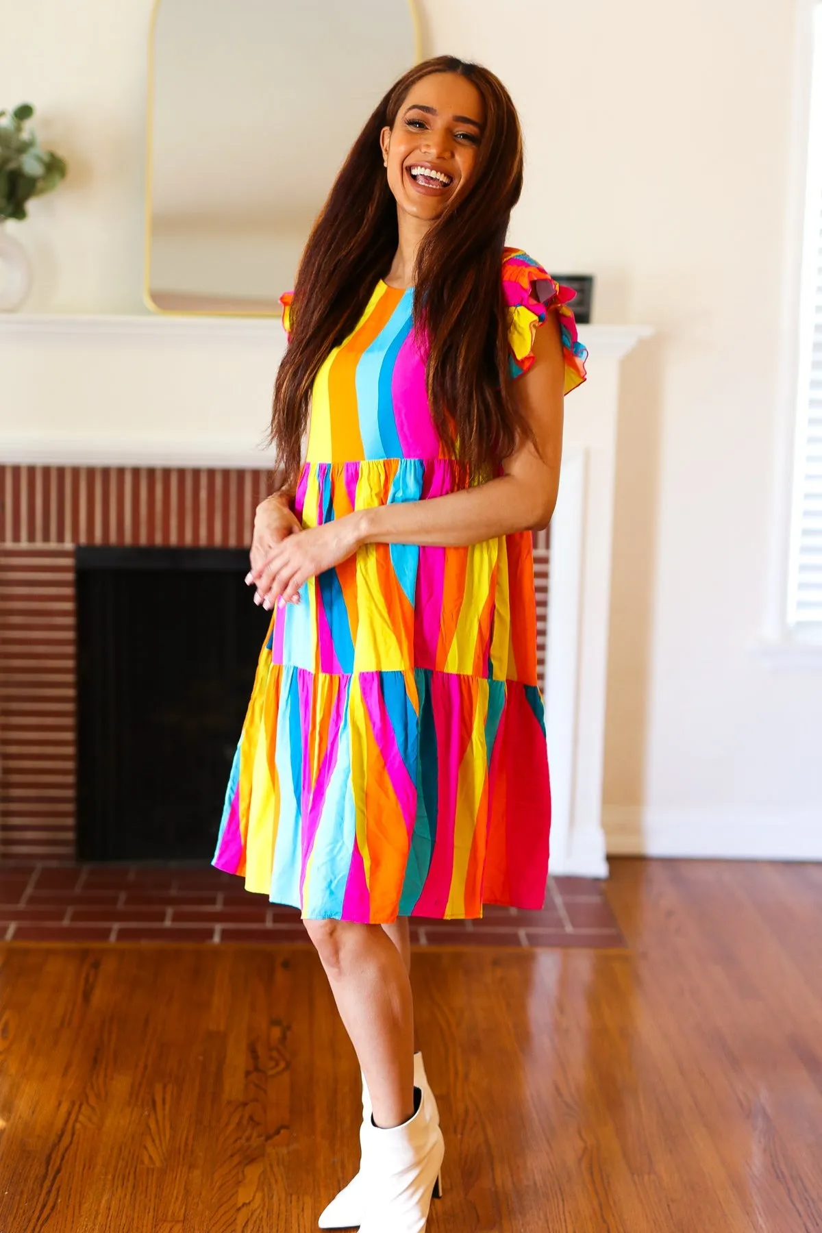 Eyes On You Multicolor Abstract Print Smocked Ruffle Sleeve Dress (Open Pack)