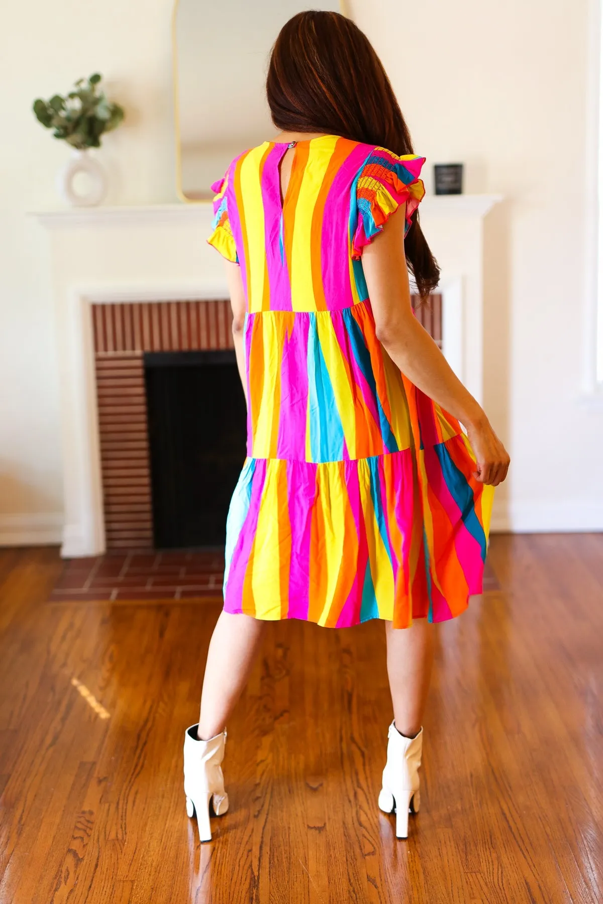 Eyes On You Multicolor Abstract Print Smocked Ruffle Sleeve Dress (Open Pack)