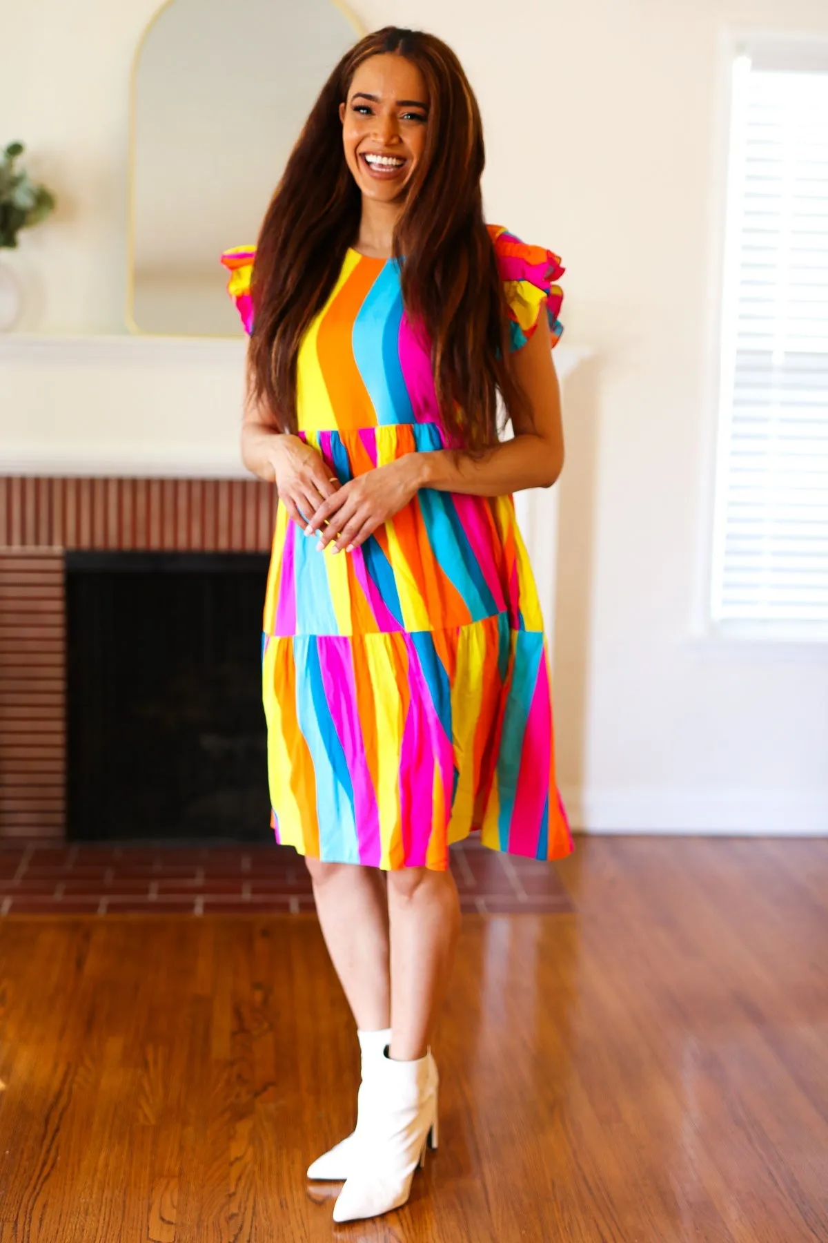Eyes On You Multicolor Abstract Print Smocked Ruffle Sleeve Dress (Open Pack)