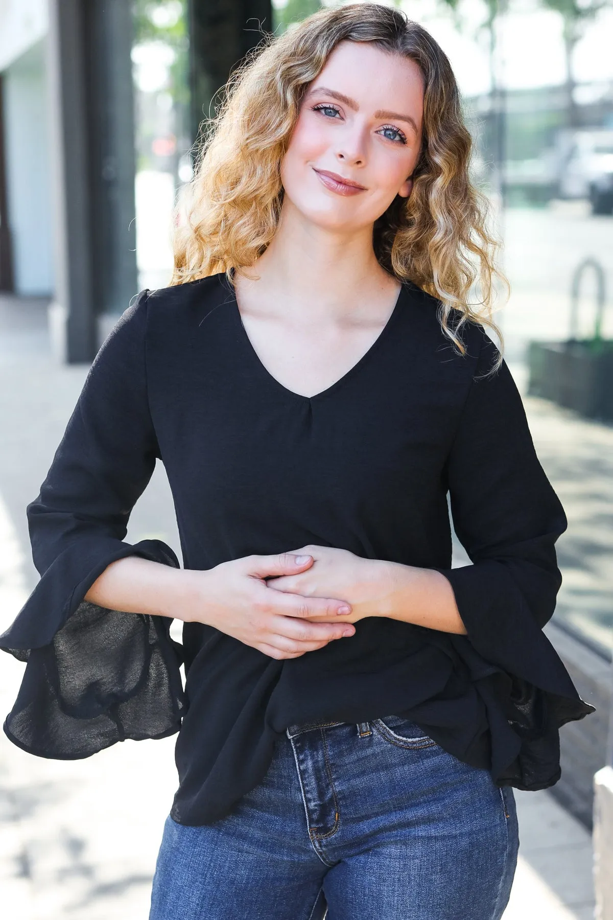 Falling In Love Black Hi-Lo Ruffle Sleeve Woven Top (Open Pack)
