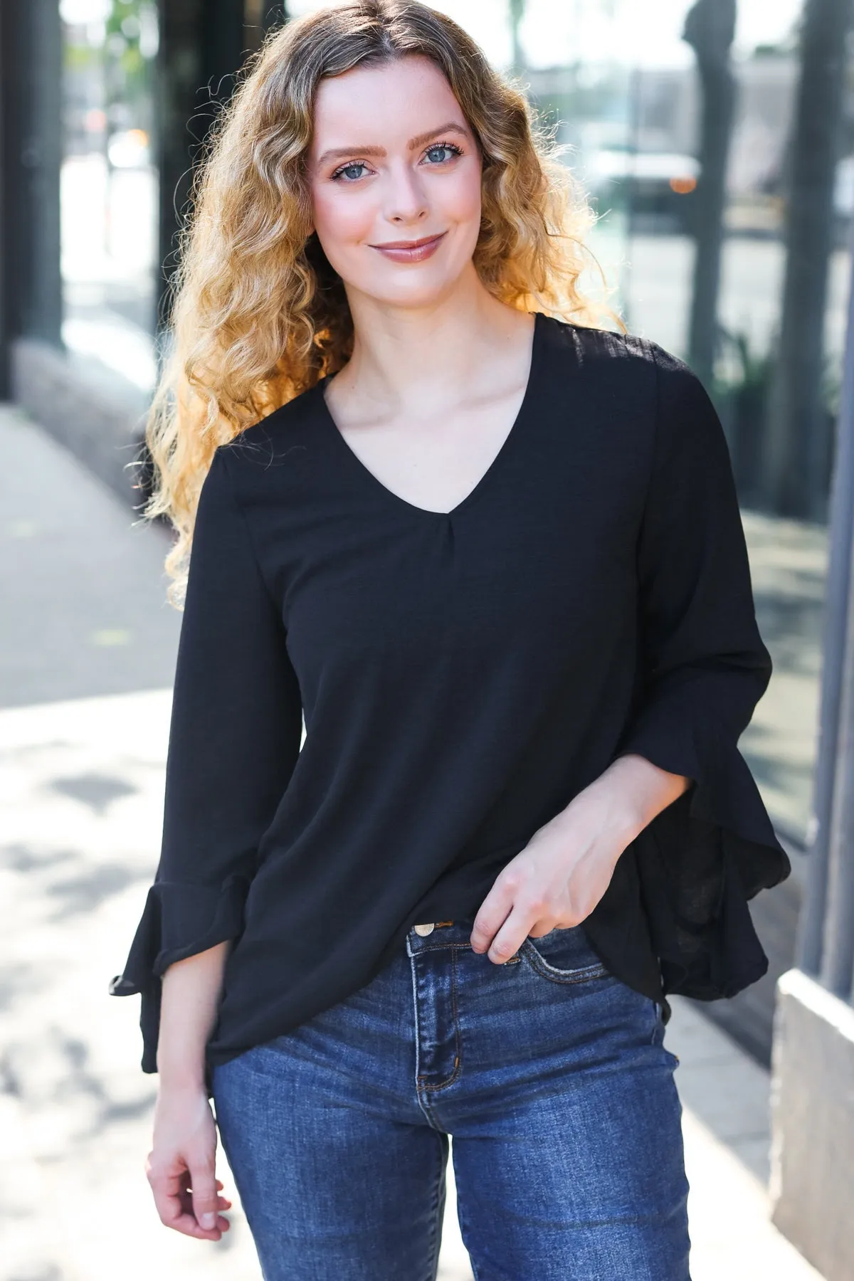 Falling In Love Black Hi-Lo Ruffle Sleeve Woven Top (Open Pack)