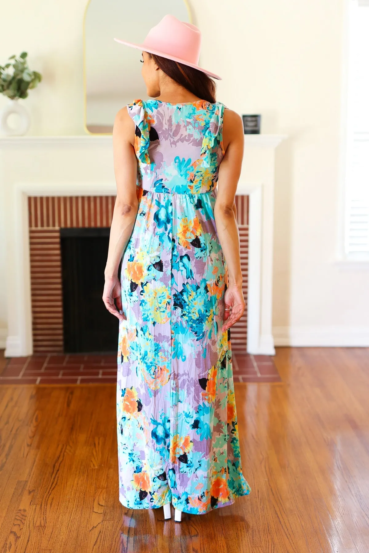 Feeling Elegant Seafoam Floral Print Ruffle Maxi Dress (Open Pack)