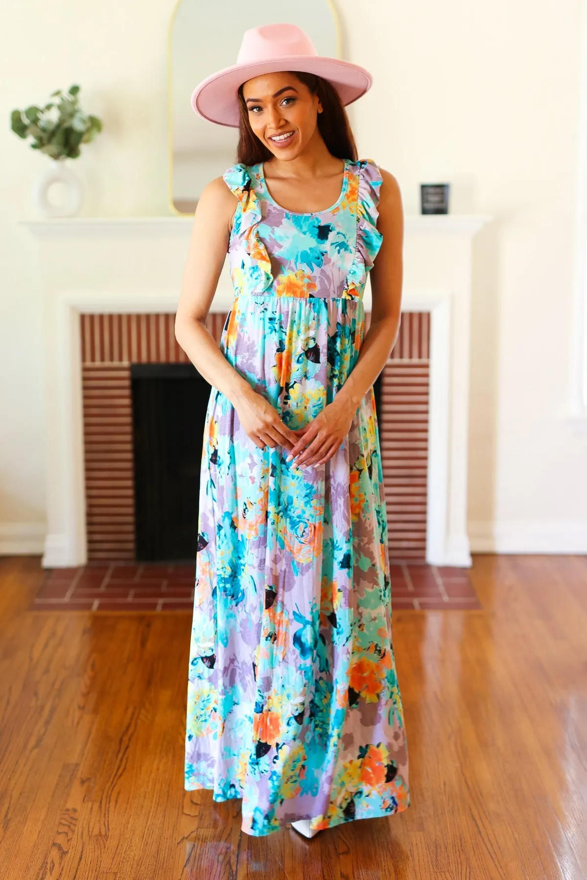 Feeling Elegant Seafoam Floral Print Ruffle Maxi Dress (Open Pack)