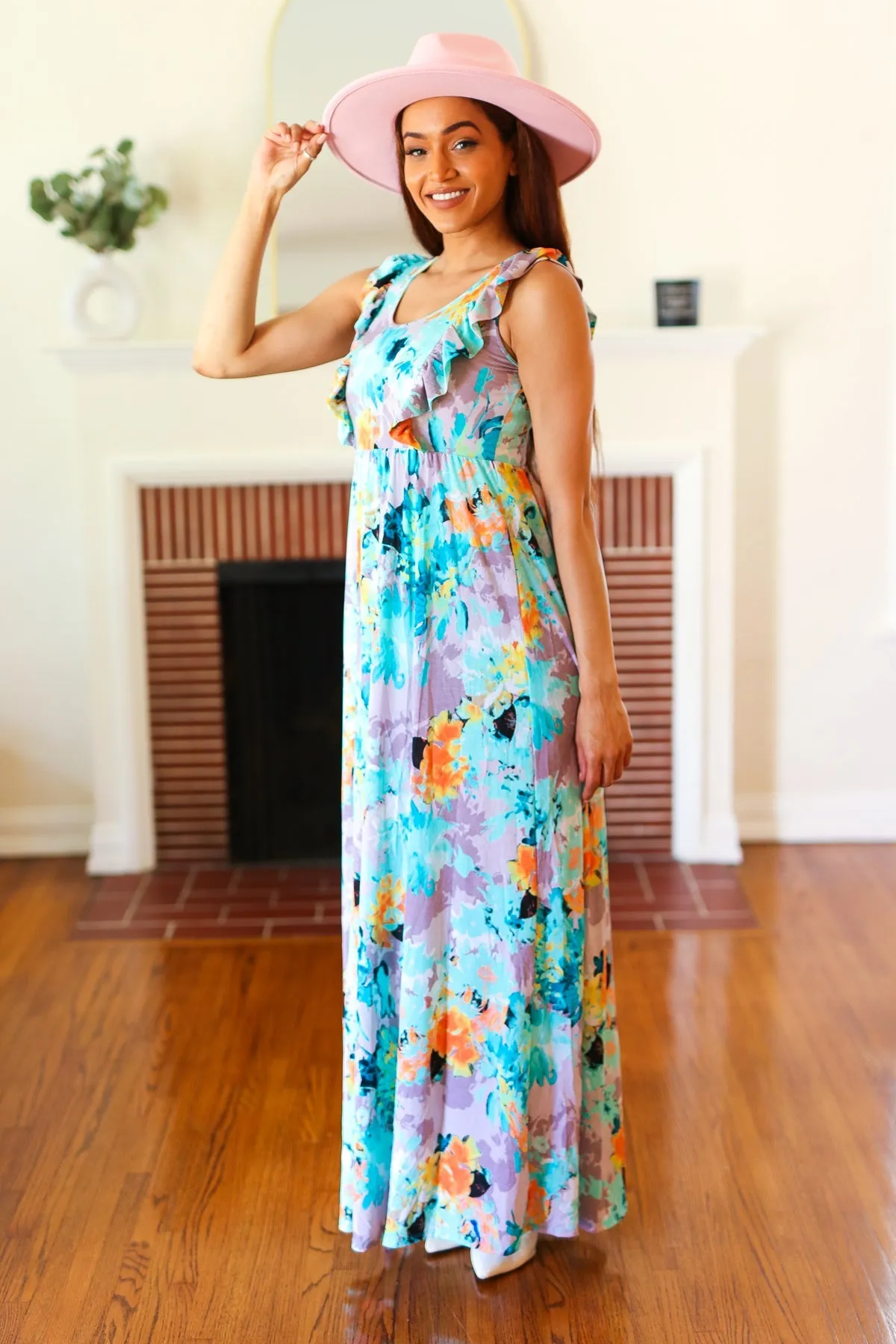 Feeling Elegant Seafoam Floral Print Ruffle Maxi Dress (Open Pack)