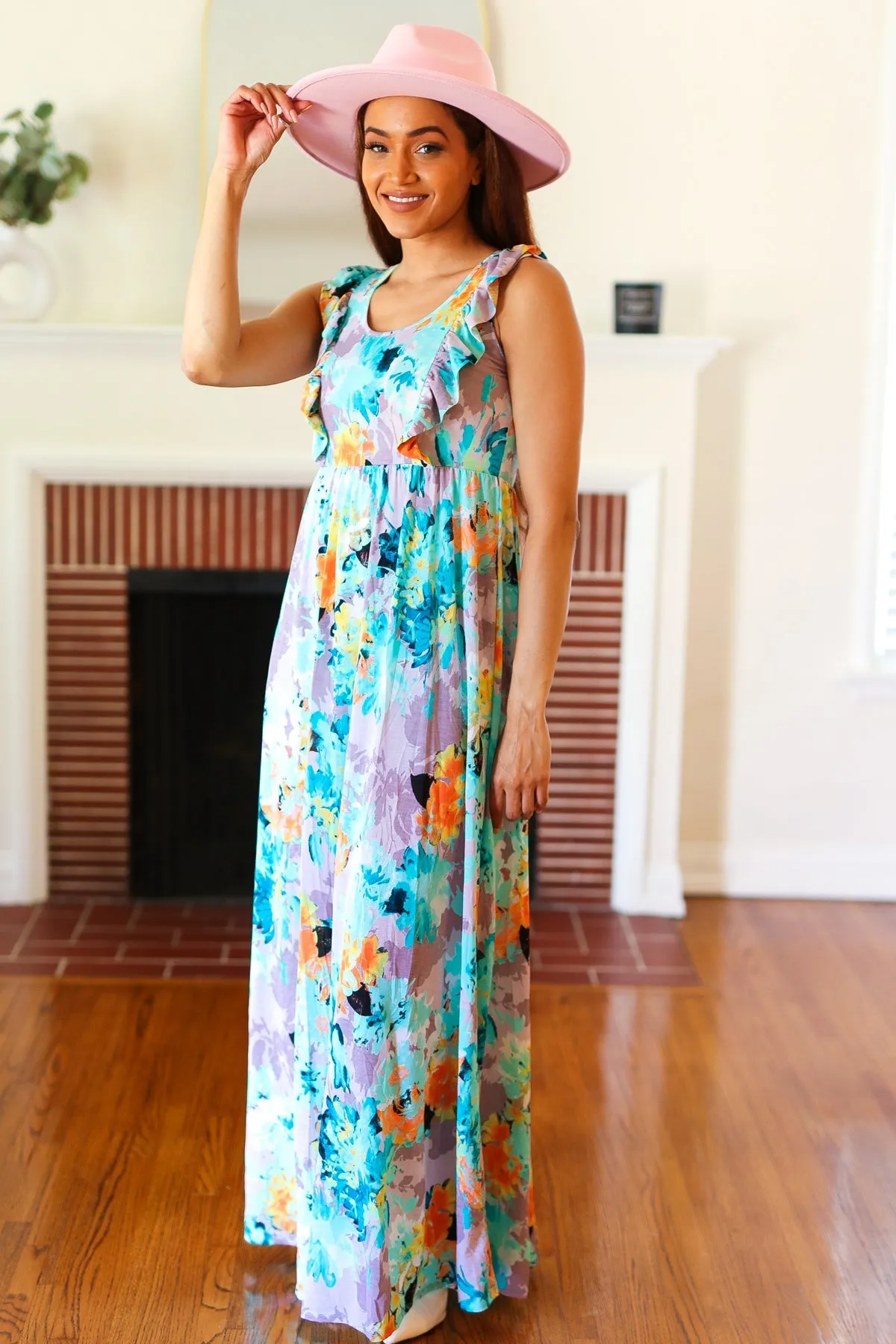 Feeling Elegant Seafoam Floral Print Ruffle Maxi Dress (Open Pack)