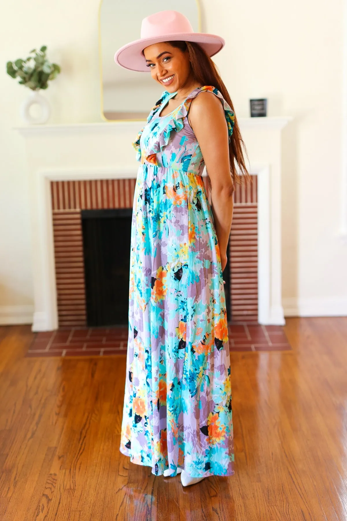 Feeling Elegant Seafoam Floral Print Ruffle Maxi Dress (Open Pack)